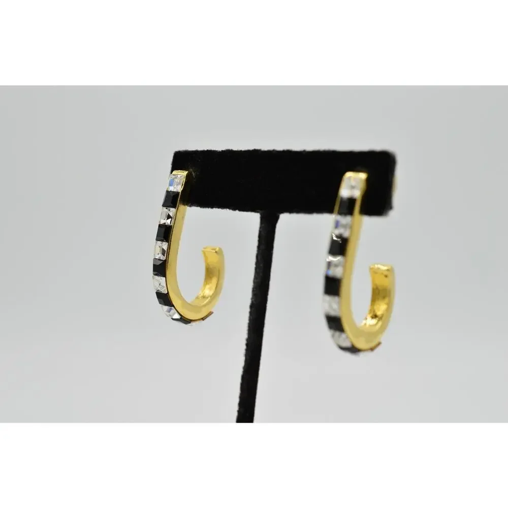 Vintage Crystal Earrings Gold Black Clear Square Rhinestone Gold Tone 1980s 9L